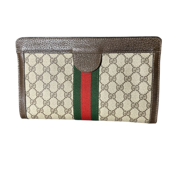 Authentic Vintage Gucci GG Brown & Beige Sherry Line Green/Red Clutch Bag - Picture 2 of 11